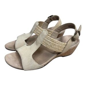Vionic Kaytie Beige Suede Jute T-Strap Wedge Sandals Women’s Size 7.5